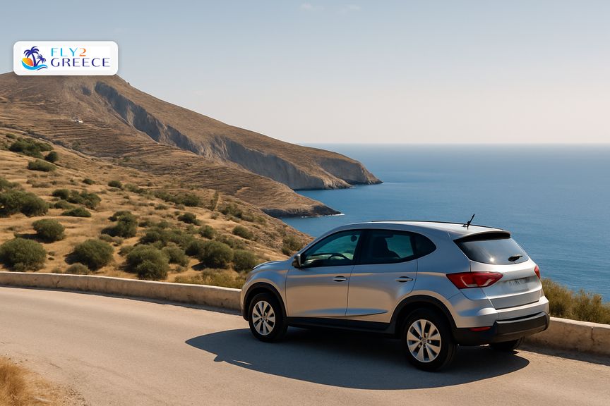 A hire car on a quiet Greek island road