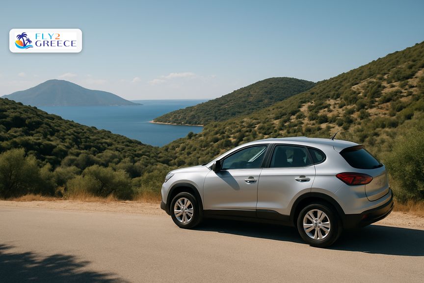 A hire car on a quiet Greek island road