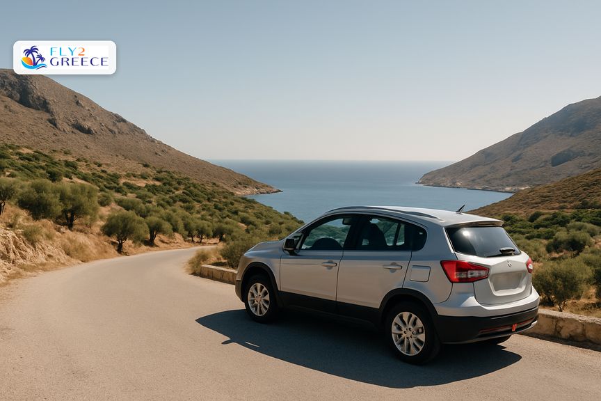 A hire car on a quiet Greek island road