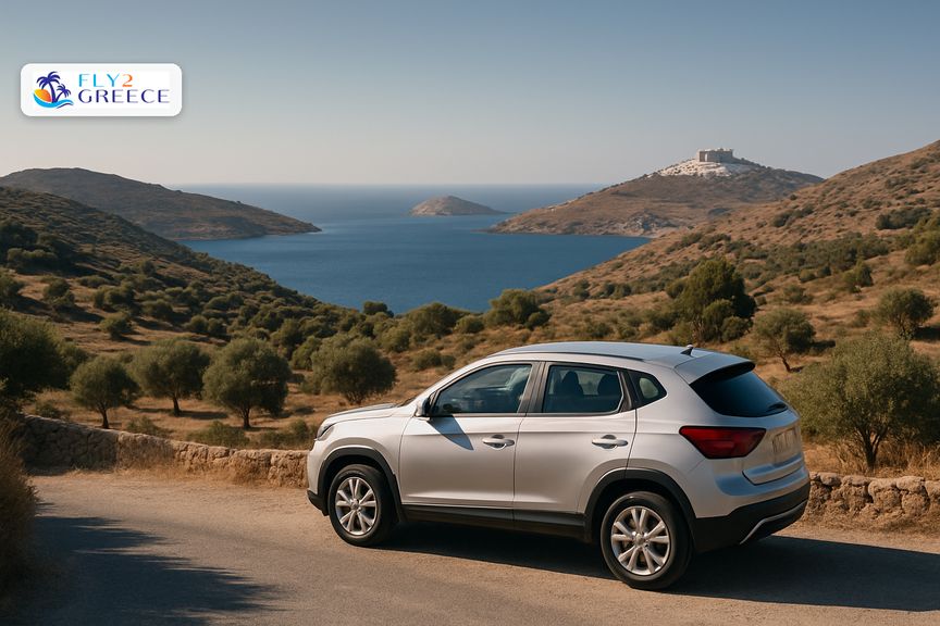 A hire car on a quiet Greek island road