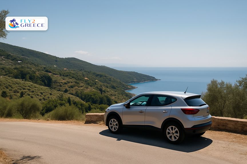 A hire car on a quiet Greek region road