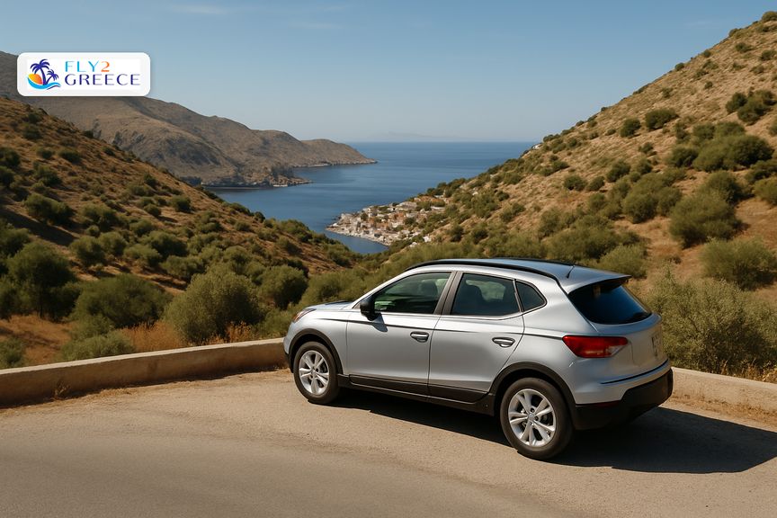 A hire car on a quiet Greek island road