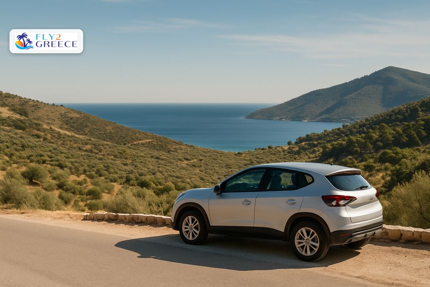 A hire car on a quiet Greek island road